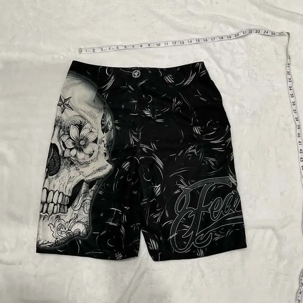 Fearless Skull Tattoo Board Shorts Cyber Y2K Goth Trunks Size 32